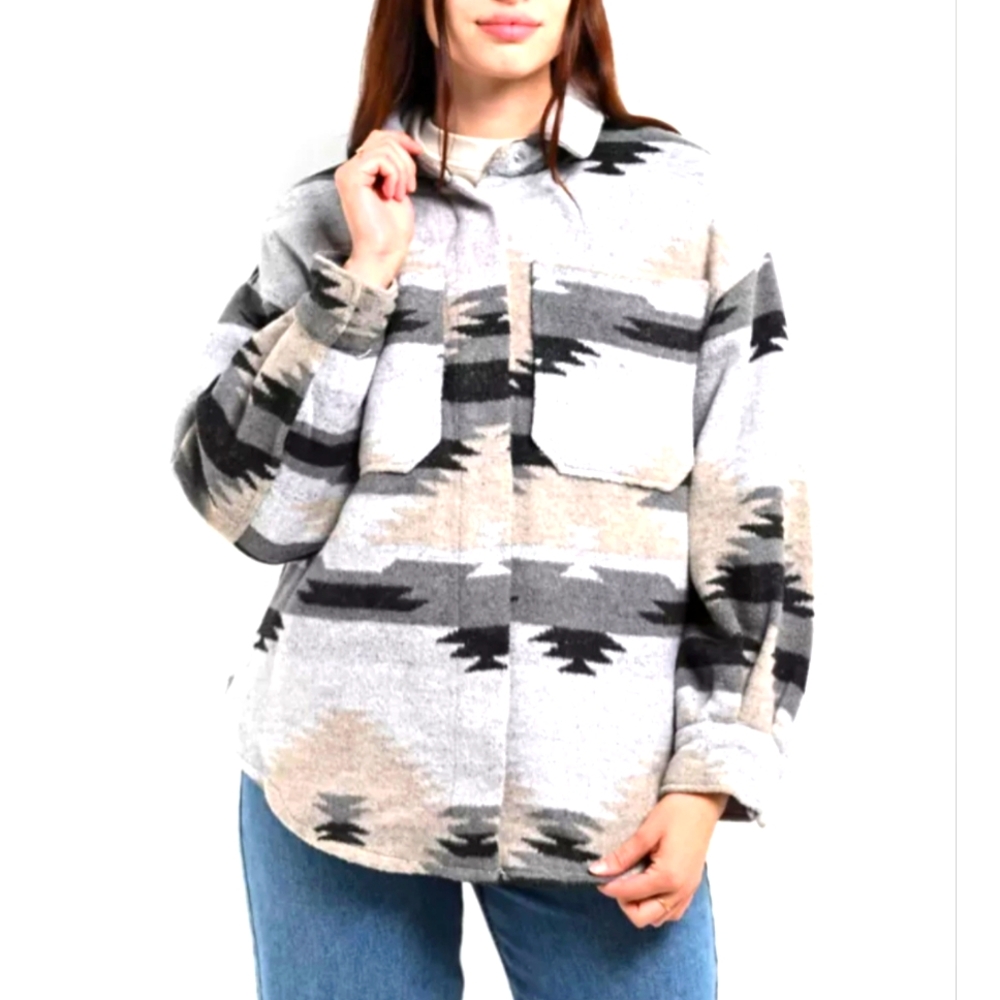 Aztec Knit Oversized Shacket Brown Cream Western Wyoming Cowgirl 26 Interntnl S